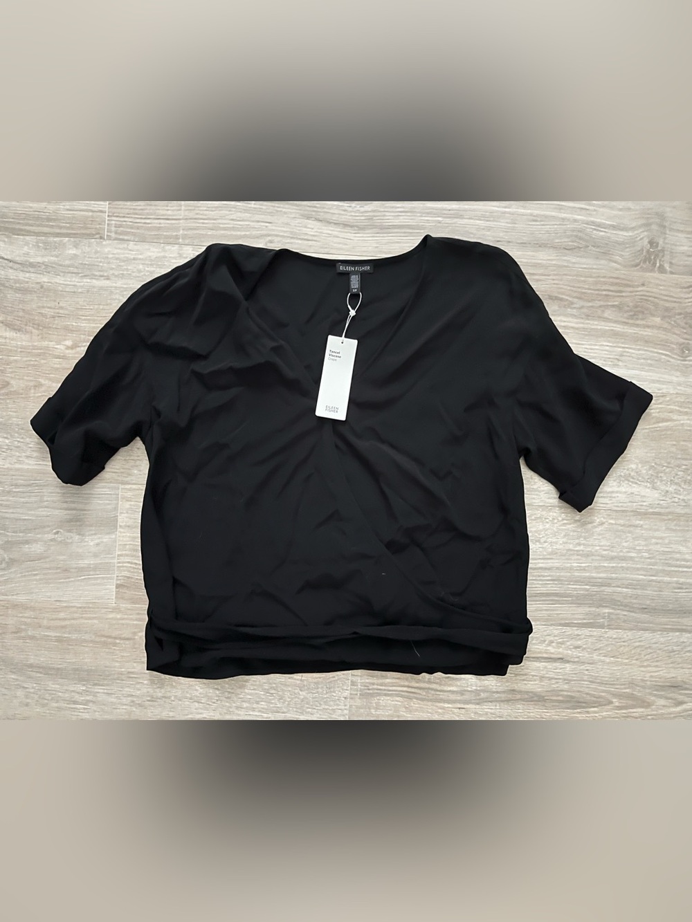 NWT Women’s Eileen Fisher Tensel Viscose Crepe V-neck Wrap Blouse Black Small